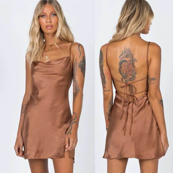 Princess Polly Alfie Copper Brown Satin Backless Square Neck Mini Dress - Picture 12 of 12